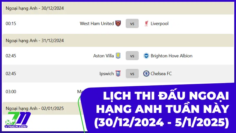 Nhận định bóng đá FC Famalicao vs Santa Clara Cuộc đối đầu kịch tính tại giải VĐQG Bồ Đào Nha 7 Lịch thi đấu và phát sóng giải Ngoại Hạng Anh tuần này (30/12/2024 - 5/1/2025)