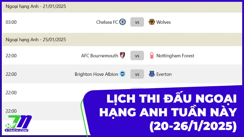 Lịch thi đấu và phát sóng giải Ngoại Hạng Anh tuần này (20-26/1/2025) 8 Lịch thi đấu và phát sóng giải Ngoại Hạng Anh tuần này (20-26/1/2025)