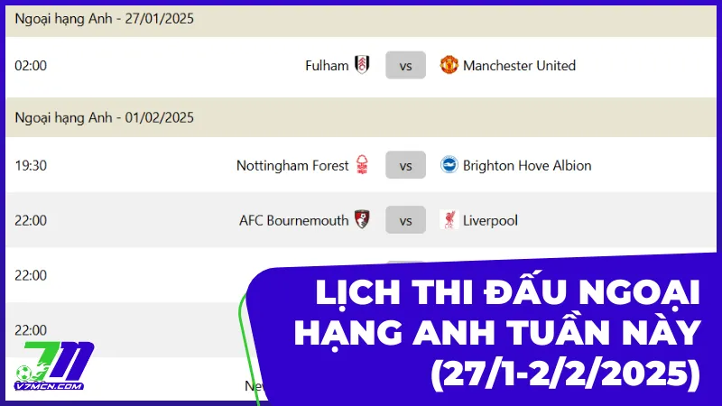 Lịch thi đấu và phát sóng giải Ngoại Hạng Anh tuần này (27/1-2/2/2025) 7 Lịch thi đấu và phát sóng giải Ngoại Hạng Anh tuần này (27/1-2/2/2025)