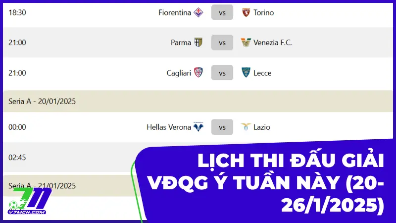 Lịch thi đấu và phát sóng giải VĐQG Ý tuần này (20-26/1/2025) 9 Lịch thi đấu và phát sóng giải VĐQG Ý tuần này (20-26/1/2025)
