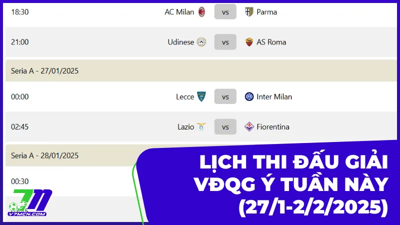 Lịch thi đấu và phát sóng giải VĐQG Ý tuần này (27/1-2/2/2025) 6 Lịch thi đấu và phát sóng giải VĐQG Ý tuần này (27/1-2/2/2025)