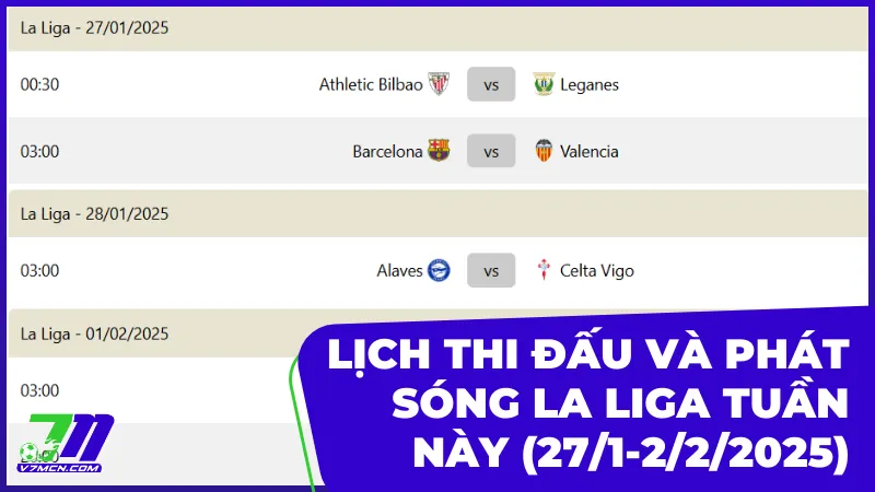 Lịch thi đấu và phát sóng La Liga tuần này (27/1-2/2/2025) 5 Lịch thi đấu và phát sóng La Liga tuần này (27/1-2/2/2025)